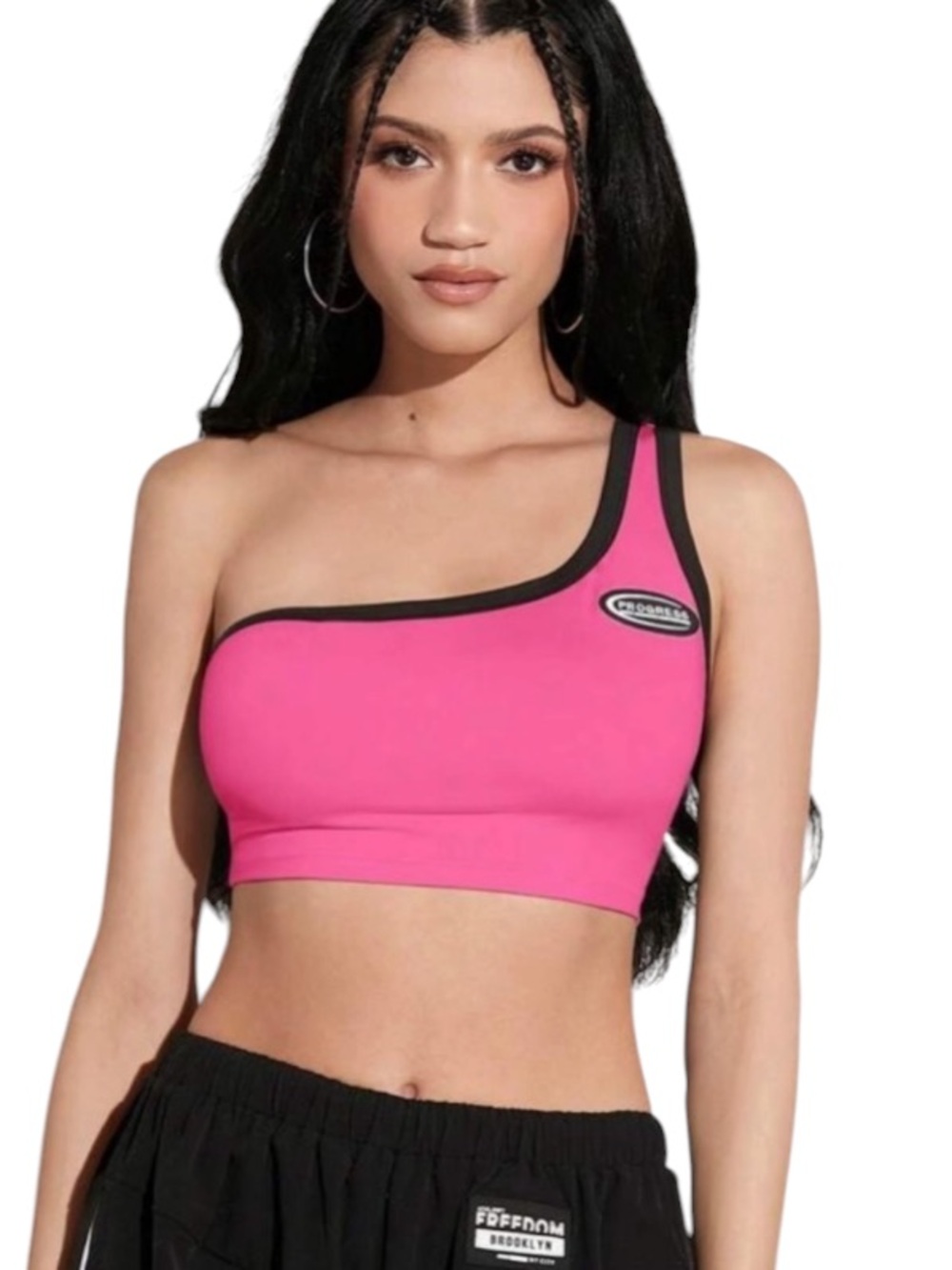 SHEIN ICON Letter Patched Detail One Shoulder Contrast Binding Crop Top pink